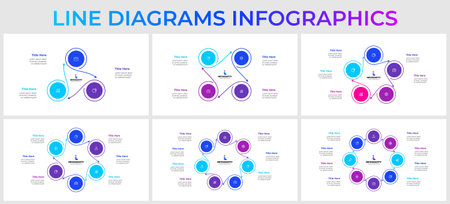 Set of infographic circles elements and thin lines. Vector diagrams with 3, 4, 5, 6, 7 and 8 options, steps or processesのイラスト素材
