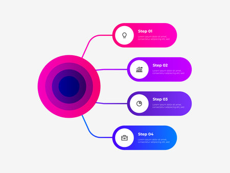 Flow chart infographic business template. Central circle with four rounded elementsのイラスト素材