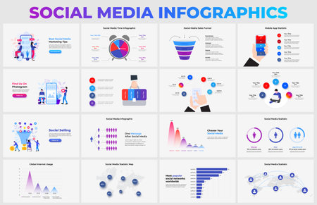 Set of social media infographic presentation slides. Sales funnel, mobile phone, time management, charts, maps and statistic diagramsのイラスト素材