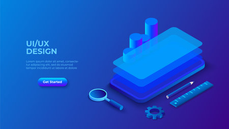 Isometric dark blue illustration. UX UI isometric design concept with smartphone. Landing page template. Mobile app or website wireframeのイラスト素材