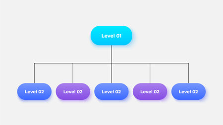 Business hierarchy chart infographics. Corporate organizational structure graphic elements with 2 levels. The top-level connects to five subordinate nodesのイラスト素材
