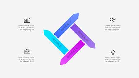 Arrows infographic featuring a circular arrangement of 4 sections labeled with options and icons illustrating various concepts. Ideal for business presentationsのイラスト素材