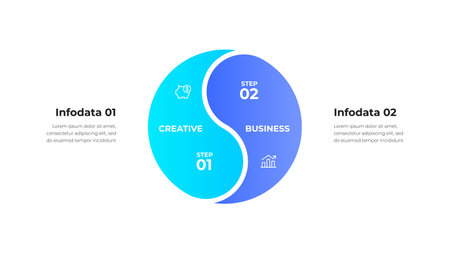 Circular infographic design visualizing creative and professional concepts with icons and steps for business planning and strategyのイラスト素材