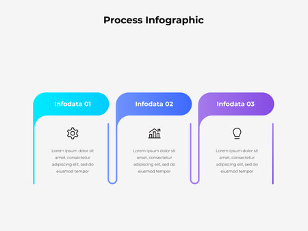 Infographic illustrating three distinct data points using vibrant colors, modern icons, and descriptive text, perfect for explaining workflows or visualizing business processesのイラスト素材