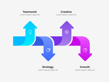 Colorful four arrows infographic symbolizing teamwork, strategy, and growth, making it ideal for presentations or content that emphasizes collaboration and innovationのイラスト素材