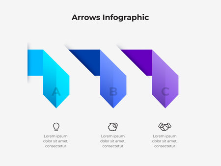 Business infographic featuring three overlapping arrows in distinct colors with icons and placeholder text, perfect for data visualization, strategy presentation, or conceptual designsのイラスト素材