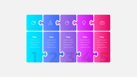Infographic featuring colorful interconnected puzzle segments, each adorned with business icons and descriptive text. Ideal for presentations, strategy planning, or educational purposesのイラスト素材
