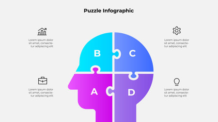Illustration of a head puzzle split into four sections, representing teamwork, business processes, and brainstorming concepts, paired with symbolic icons for universal comprehensionのイラスト素材
