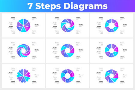 Set of seven step circular diagrams, ideal for illustrating processes, workflows, and presentations in business and education contexts. Cycle infographic diagrams setのイラスト素材