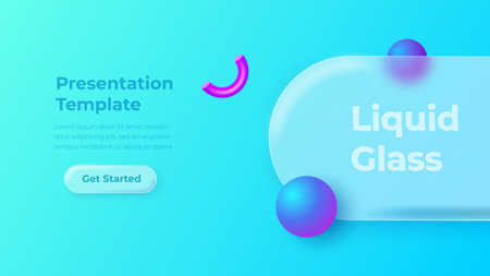 Liquid Glass Abstract Background. Futuristic Glassmorphism Design with 3D Shapes, Transparent Fluid Elements, Gradient Spheres and Glossy Geometry on Bright Blue Backgroundのイラスト素材