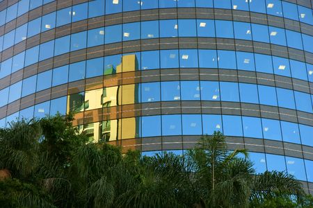 Reflections in a skyscraper at twilight and with palm trees in the foreground