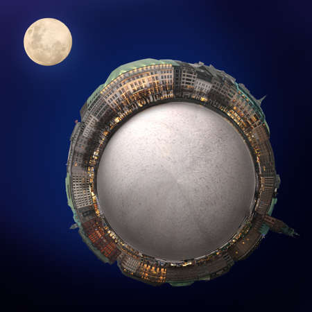 Montage of a planet with a panorama of Hamburg, Germany, and the moonの写真素材