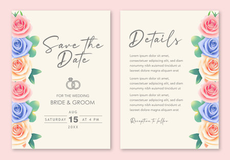 Wedding invitation card with roses and rings. Vector illustration.のイラスト素材