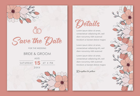 Wedding invitation cards with flowers. Save the date. Vector illustrationのイラスト素材