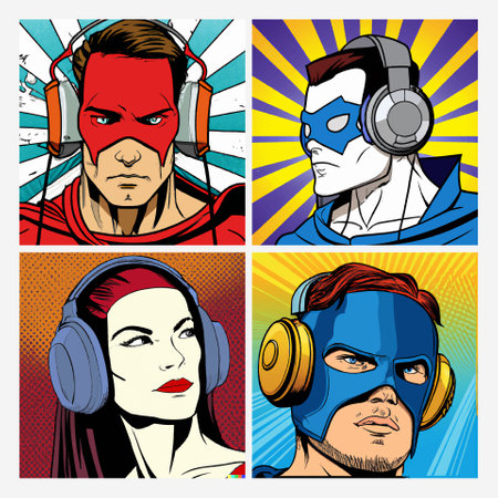 Set of pop art posters with man and woman in headphones. Vector illustrationのイラスト素材
