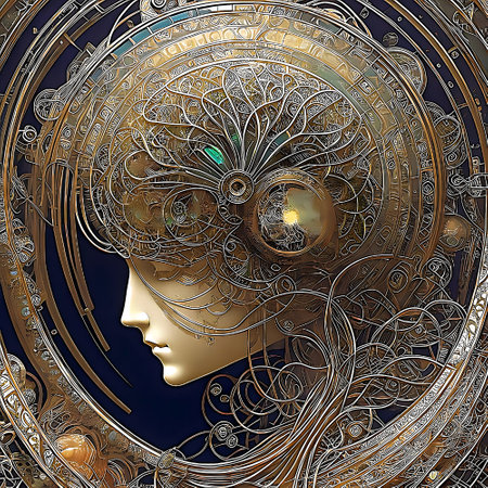 3D illustration of a female face with ornate ornamentsの素材