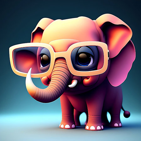 Cute elephant with glasses. Cartoon animal. 3D illustration.の素材