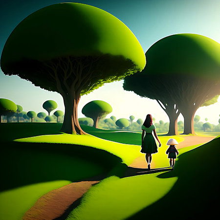 Mother and daughter walking in the park. Conceptual image. 3D renderingの素材