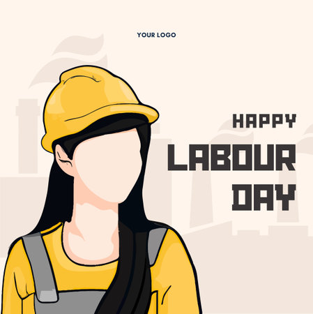 Illustration of labour day background with woman in yellow helmet. Vector illustration.のイラスト素材