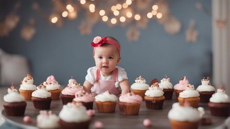 Cute baby girl with cupcakes on table in decorated room.の素材