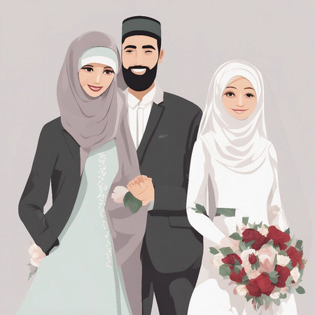 Muslim couple with bride and groom in wedding day. Vector illustration.の素材