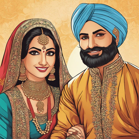 Indian couple in saree and turban. Colorful vector illustration.の素材