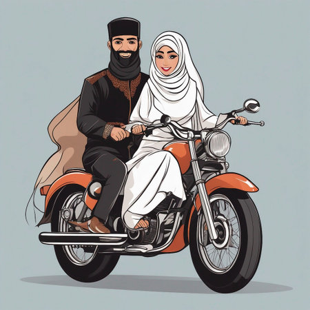 Arabic muslim couple on a motorbike. Vector illustration.の素材