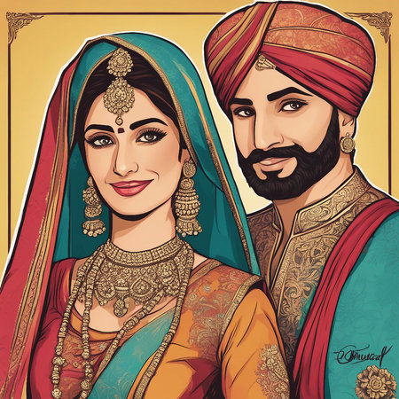 Indian couple in sari and turban. Hand drawn vector illustration.の素材