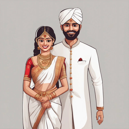 Indian man and woman in traditional clothes. Vector illustration in cartoon style.の素材