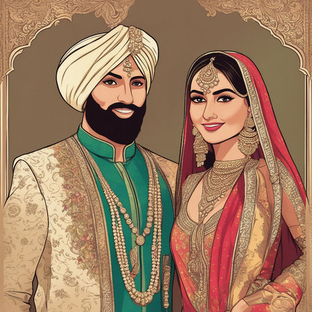 Portrait of beautiful indian couple in traditional clothes. Vector illustration.の素材