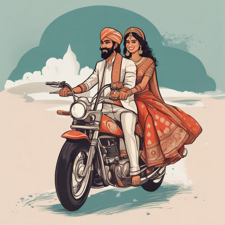 Indian couple on motorbike. Vintage vector illustration. Retro style.の素材