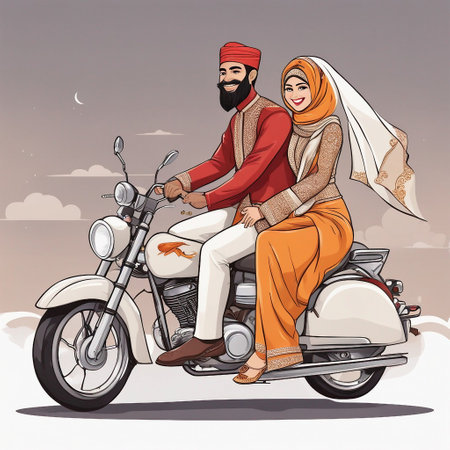 Vector illustration of Indian man and woman on a motorbike in the desertの素材