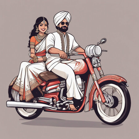 Indian man and woman on a motorcycle. Vector illustration in sketch style.の素材