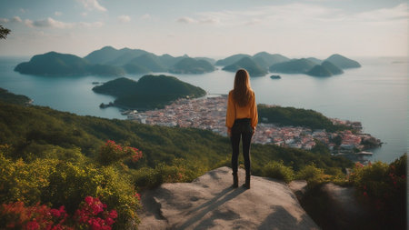 a girl standing on a view pointの素材