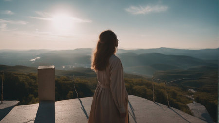 a girl standing on a view pointの素材