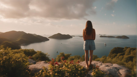 a girl standing on a view pointの素材