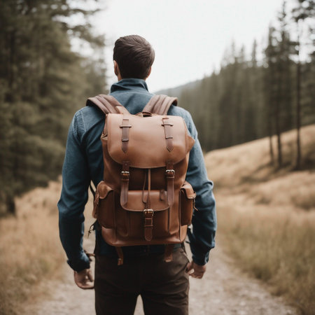 a man with a travel backpack on a isolated white backgroundの素材