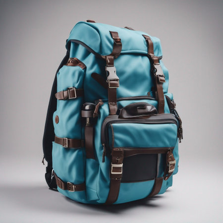 a skyblue travel backpack on a isolated white backgroundの素材