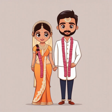 Indian couple in traditional clothes. Vector cartoon illustration. Indian people.の素材
