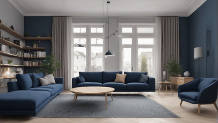 Dark blue sofa and recliner chair in Scandinavian apartmentの素材