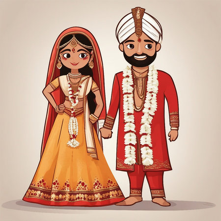 Indian bride and groom in traditional indian costume. Vector illustration.の素材
