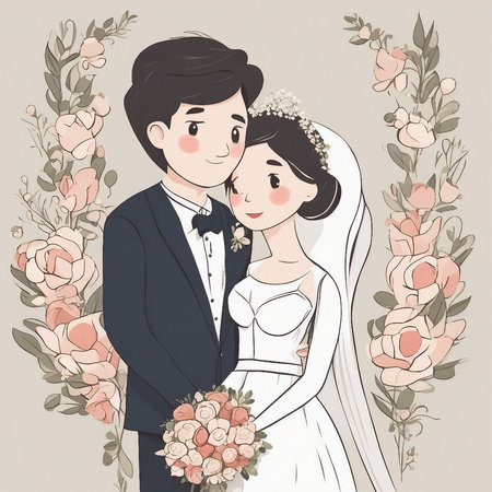 Bride and groom on their wedding day. Vector illustration in hand drawn style.の素材