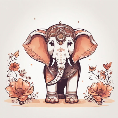 Greeting card with Indian elephant and flowers. Vector illustration.の素材