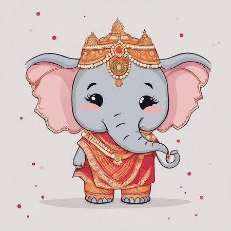 Cute cartoon elephant in indian traditional costume. Vector illustration.の素材