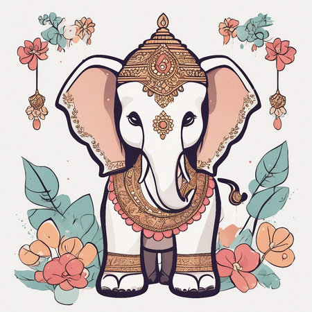 Greeting card with Indian elephant and flowers. Vector illustration.の素材