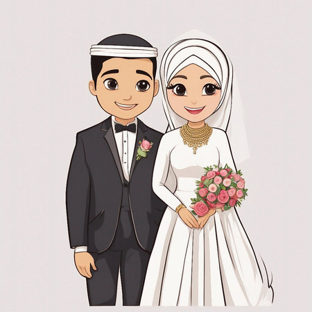 Hijab bride and groom in wedding dress. Vector illustration.の素材