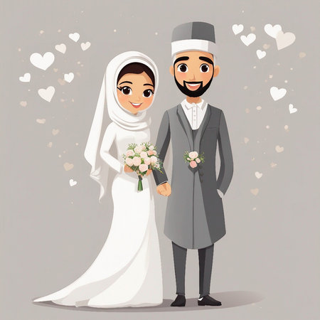 Bride and groom on the background of hearts. Vector cartoon illustration.の素材