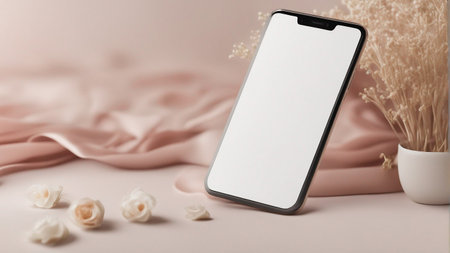 blank screen phone on wedding background mockupの素材