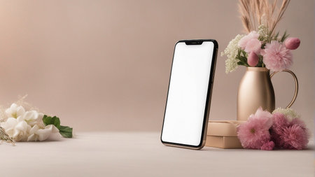 blank screen phone on wedding background mockupの素材