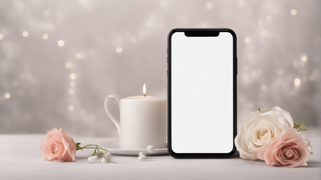 blank screen phone on wedding background mockupの素材